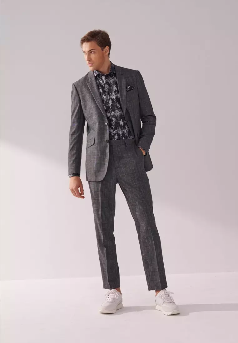 Dark Grey textured Slim Trousers