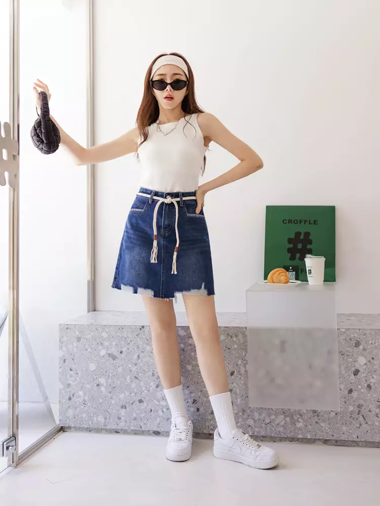 純棉刷破牛仔腰綁帶A字短裙《CA2923》