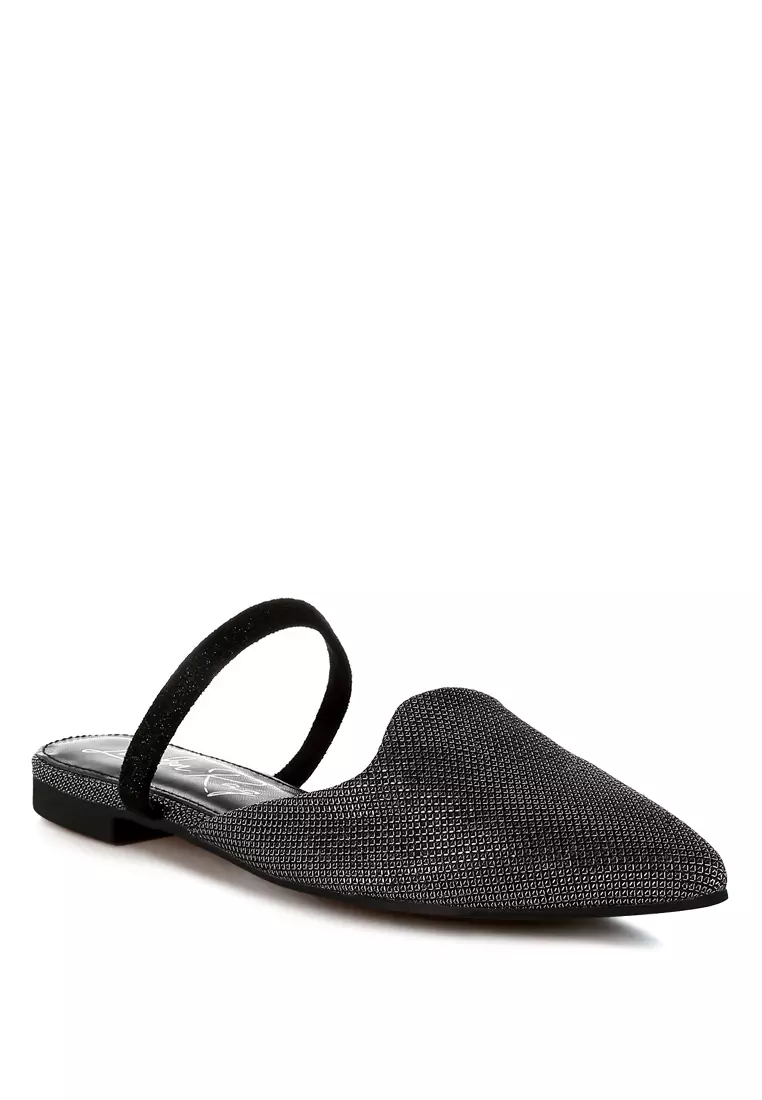 Glitter Faux Leather Flat Mules in Black