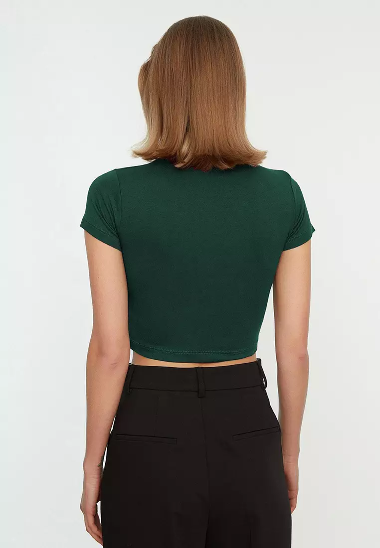 Emerald Green Fitted/Body-Sit Double Breasted Crop Viscose Flexible Knit Blouse TWOSS22BZ0536