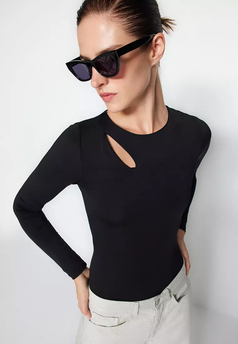 Ribbed Black Bodysuit Long Sleeve Bodysuit Cutout Bodysuit, 57% OFF