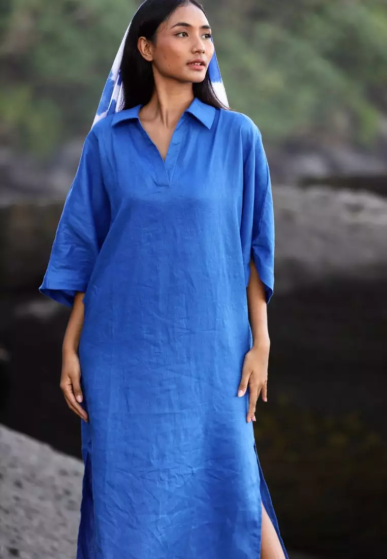 Sharjah Dress Kaftan Linen Wanita Biru | Linen Kaftan Dress Women Blue