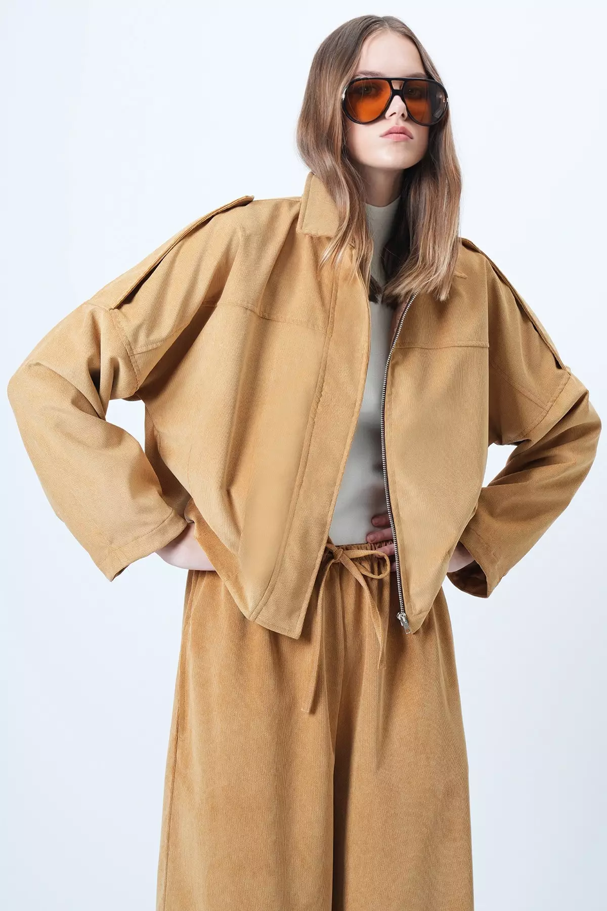 Women'S Mustard Shoulder Epaulettes Lined Velvet Bomber Jacket Alc-X14617