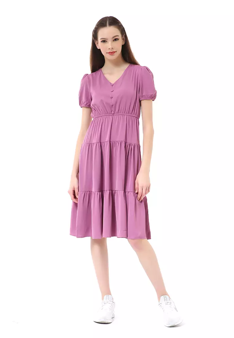 Rachel Ruffle Dress Wanita Lengan Pendek Motif Polos Material Ployester ORIGINAL - Purple