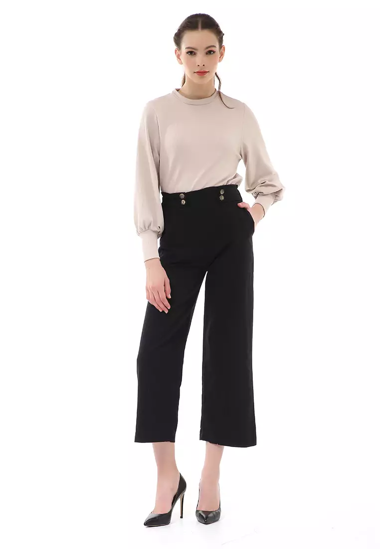 Stella Casual Long Pants Wanita Celana Kulot Highwaist Double Botton Material Linen ORIGINAL - Black