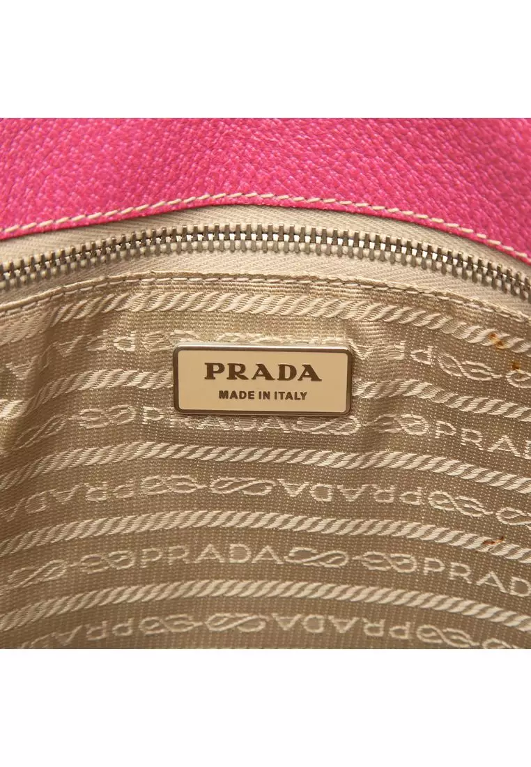 Pre-Loved Prada Studded Leather Trimmed Canvas Front Pocket Tote