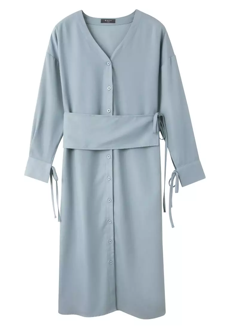 Wrinkle-Resistant Long Sleeve Maxi Dress with V-Neck and Button-Down Front [DA9989]