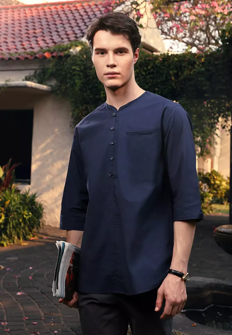 OXCON kemeja Vneck Henley Collarless shirt Navy Blue