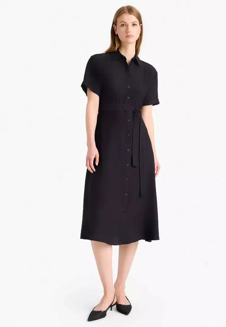 Shirt Collar Belted Short Sleeve Midi Black Summer Dress F2113Ax25Sm
