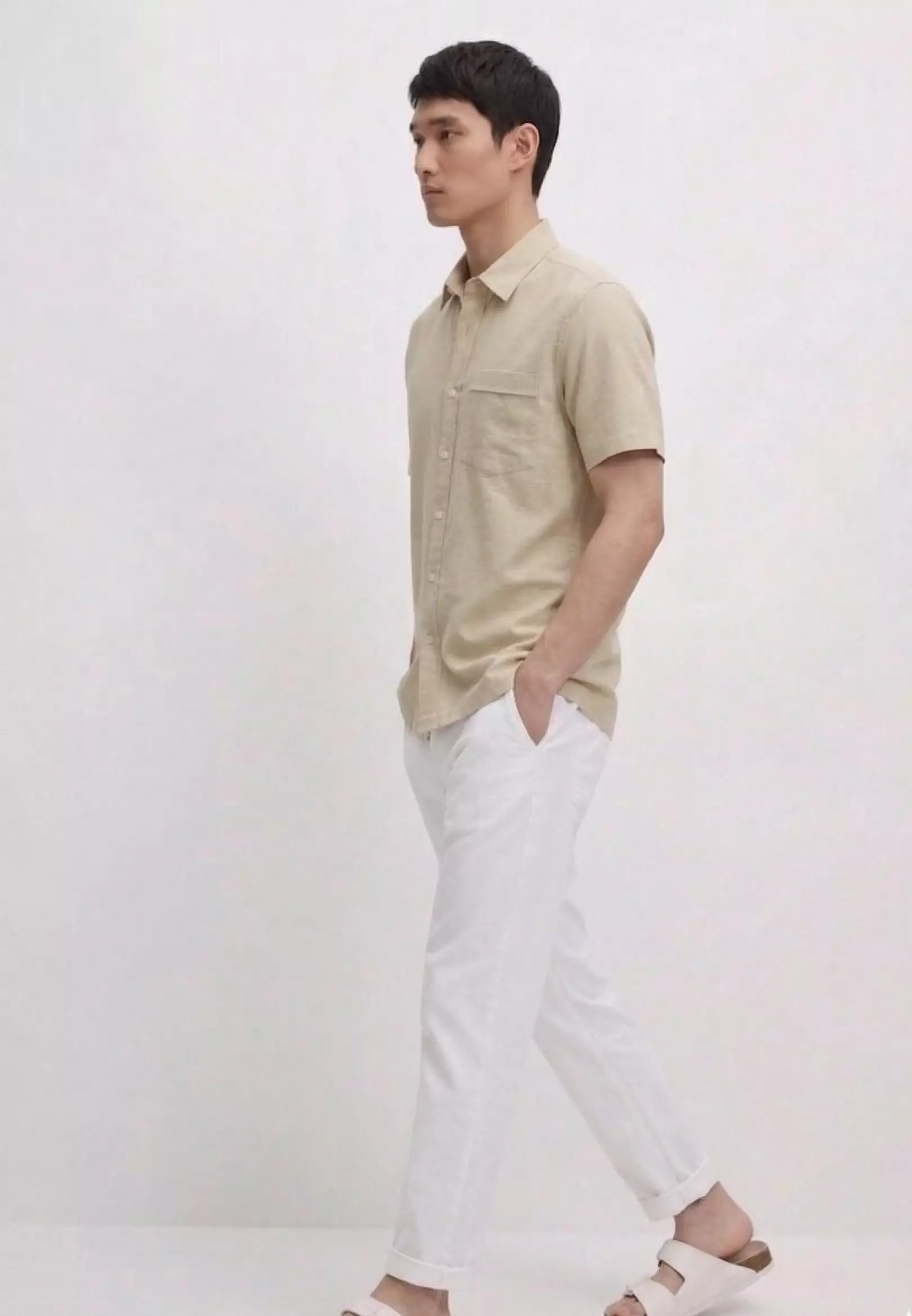 Cotton Linen Basic Shirt MEN'S SHORT- SLEEVE POCKET STANDART FIT SHIRT