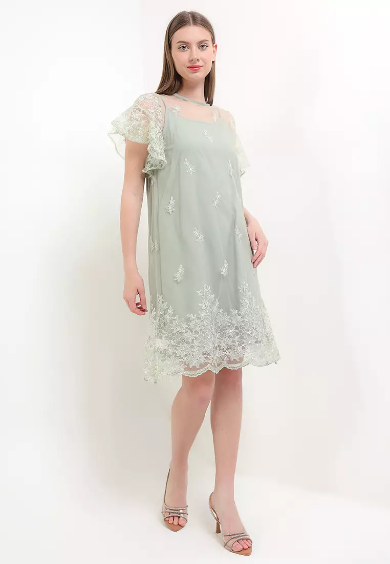 Jual Chic Simple Ruffle Sleeves 2 Tones Flo Emb Mesh Dress W/ Camisole ...