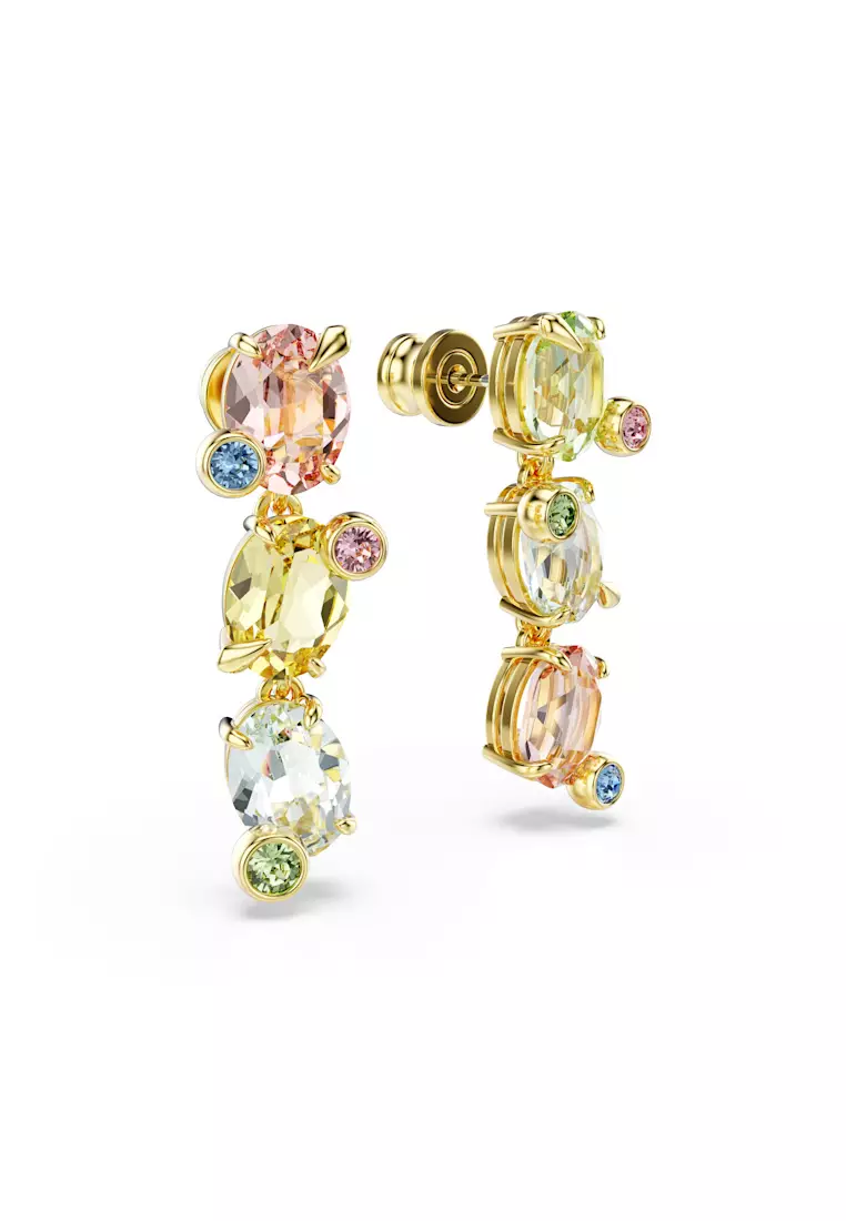 Gema drop earrings, Asymmetrical design, Mixed cuts, Multicolored, Gold-tone plated
