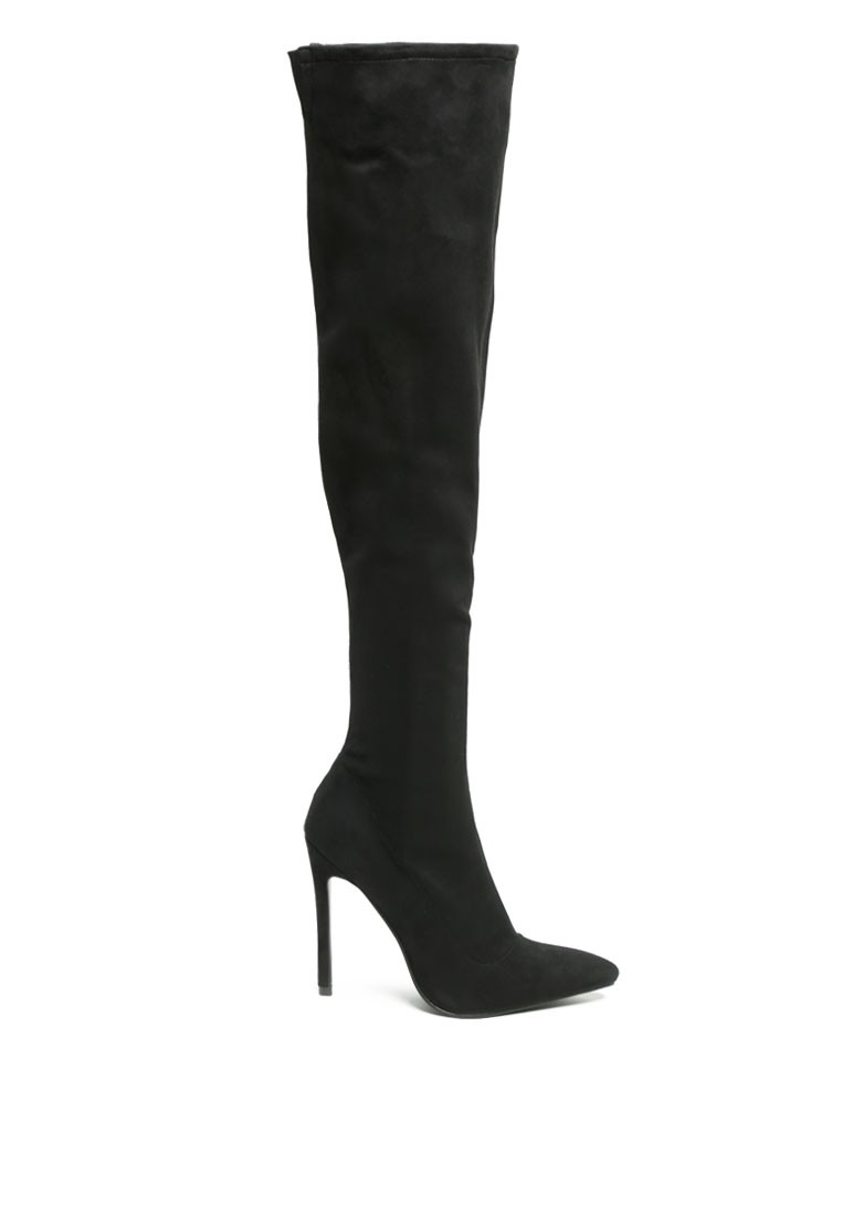 Stretch High Heel Velvet Boot in Black