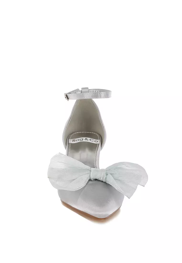 Bow Detail Satin Sandals in Silver