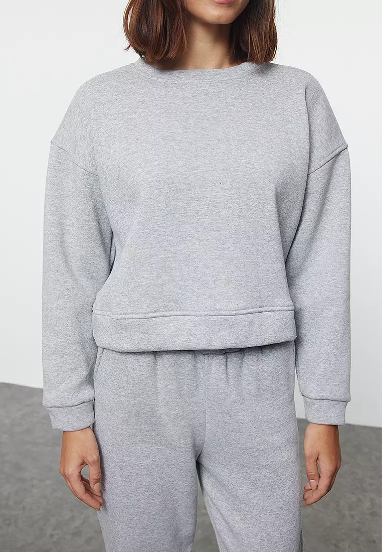 Gray Melange Regular/Normal Pattern Basic Thick Inside Fleece Knitted Tracksuit