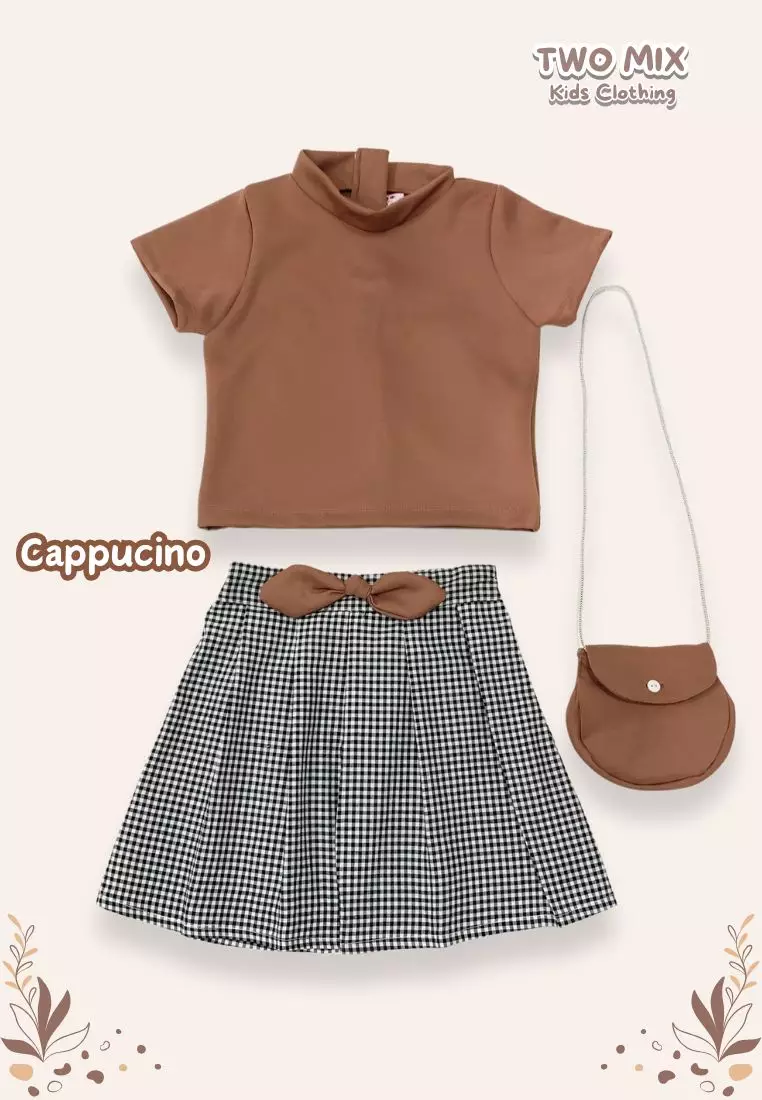 Two Mix - Emilia Setelan Baju Rok Anak Perempuan Gemas + Tas Lucu 1-6 Tahun 4412 Cappucino
