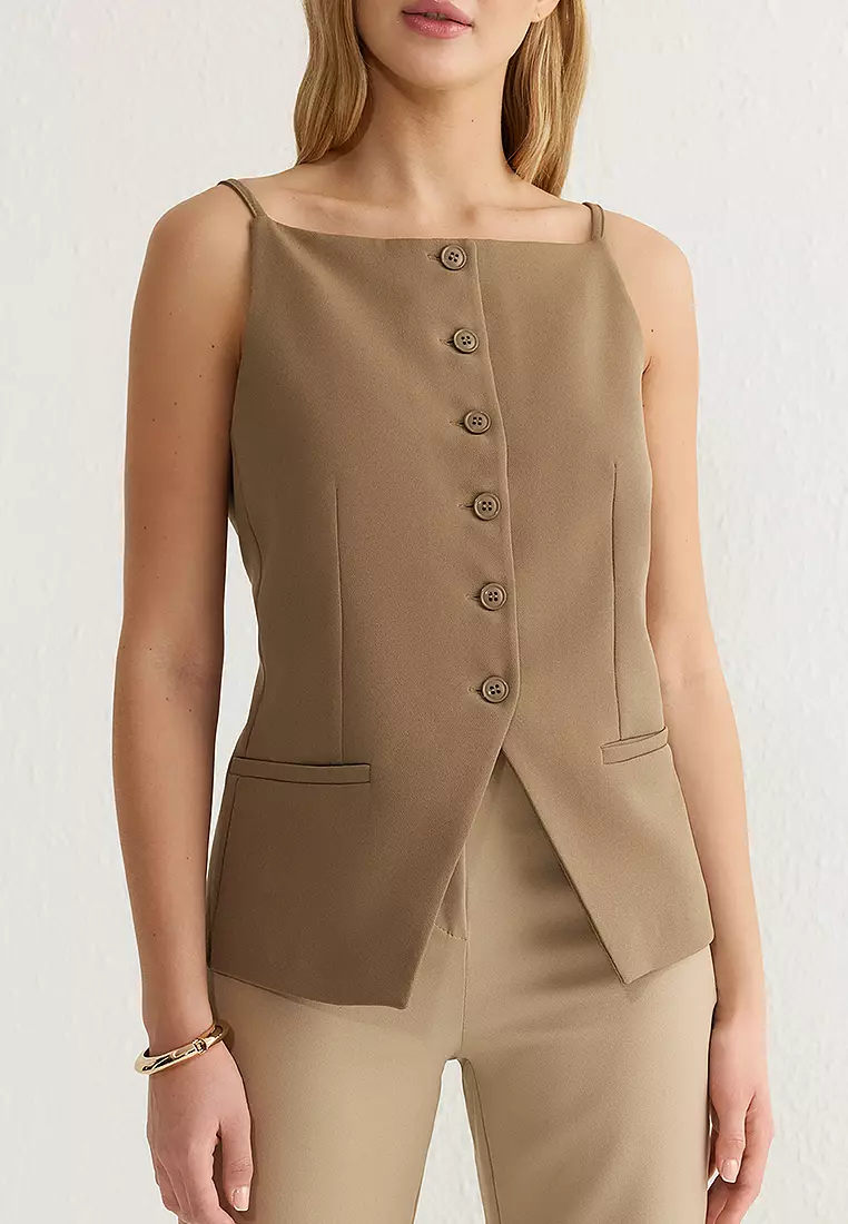 Beige Regular Size Strappy Fitted Woven Vest