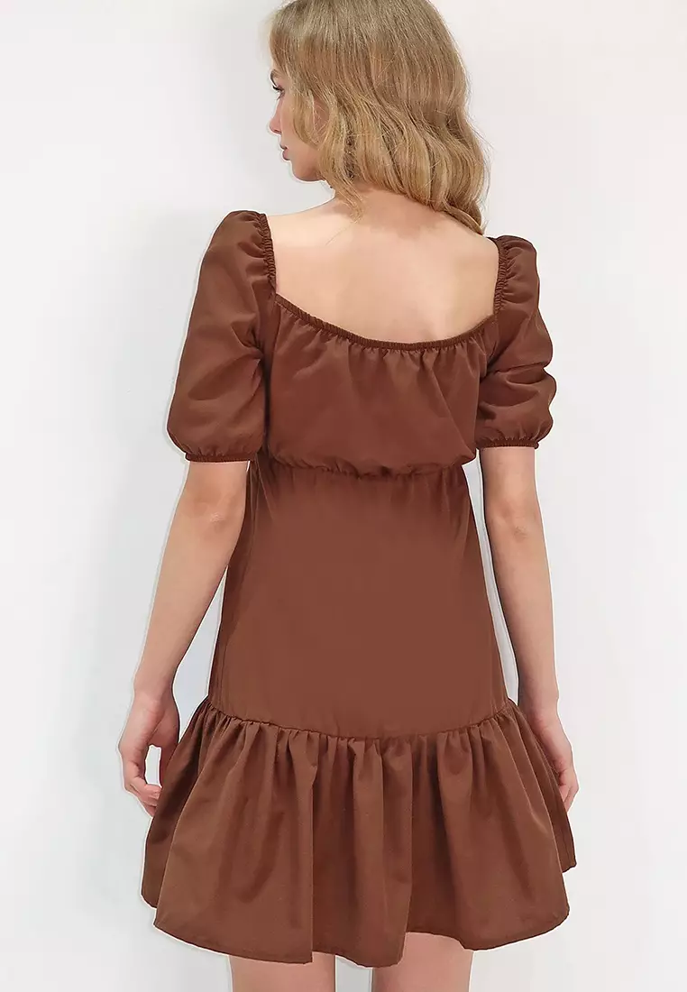 Women's Dark Brown Square Neck Balloon Sleeve Poplin Mini Dress Alc-X13594