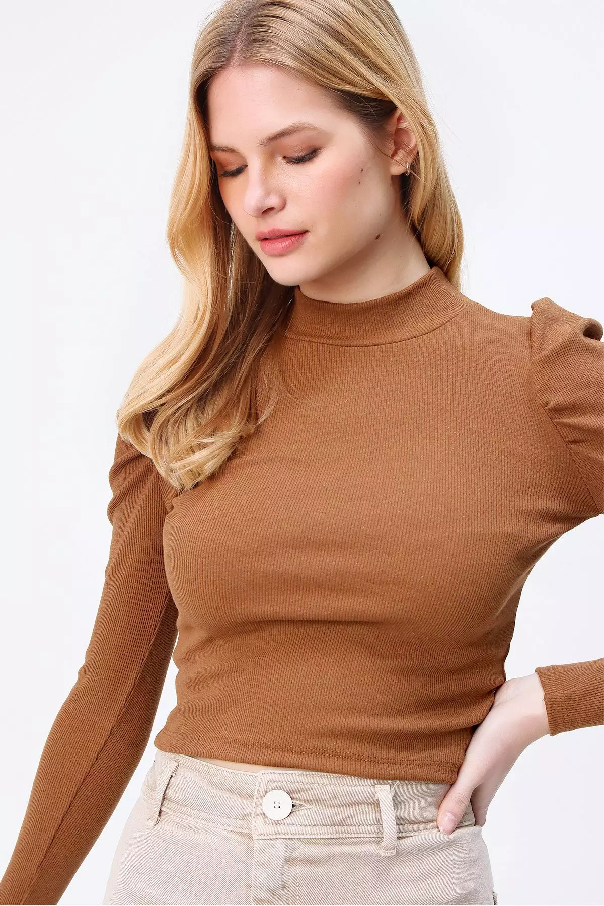 Women Camel Princess Sleeve Half Fisherman Camisole Blouse