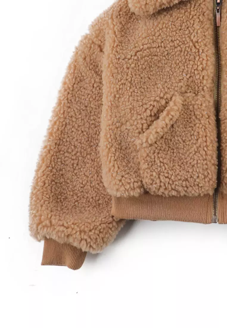 Girls Faux Shearling Bomber Jacket With Ribbed Hem And Cuffs