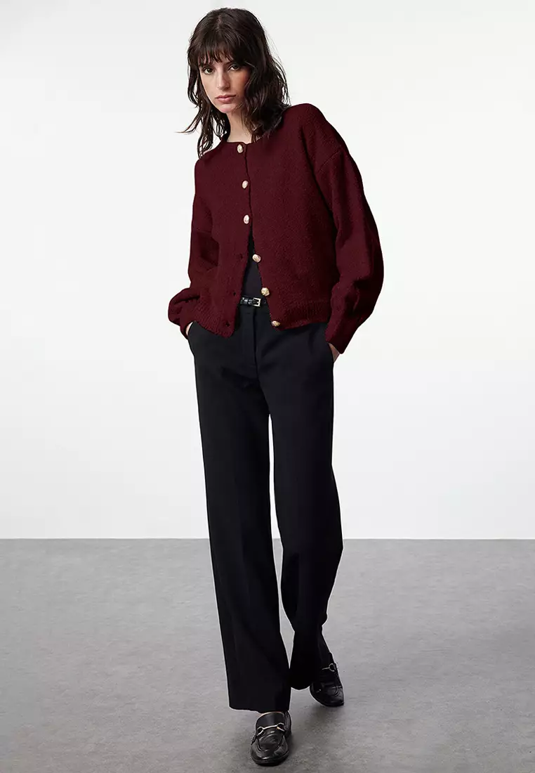 Burgundy Button Detailed Soft Textured Knitwear Cardigan