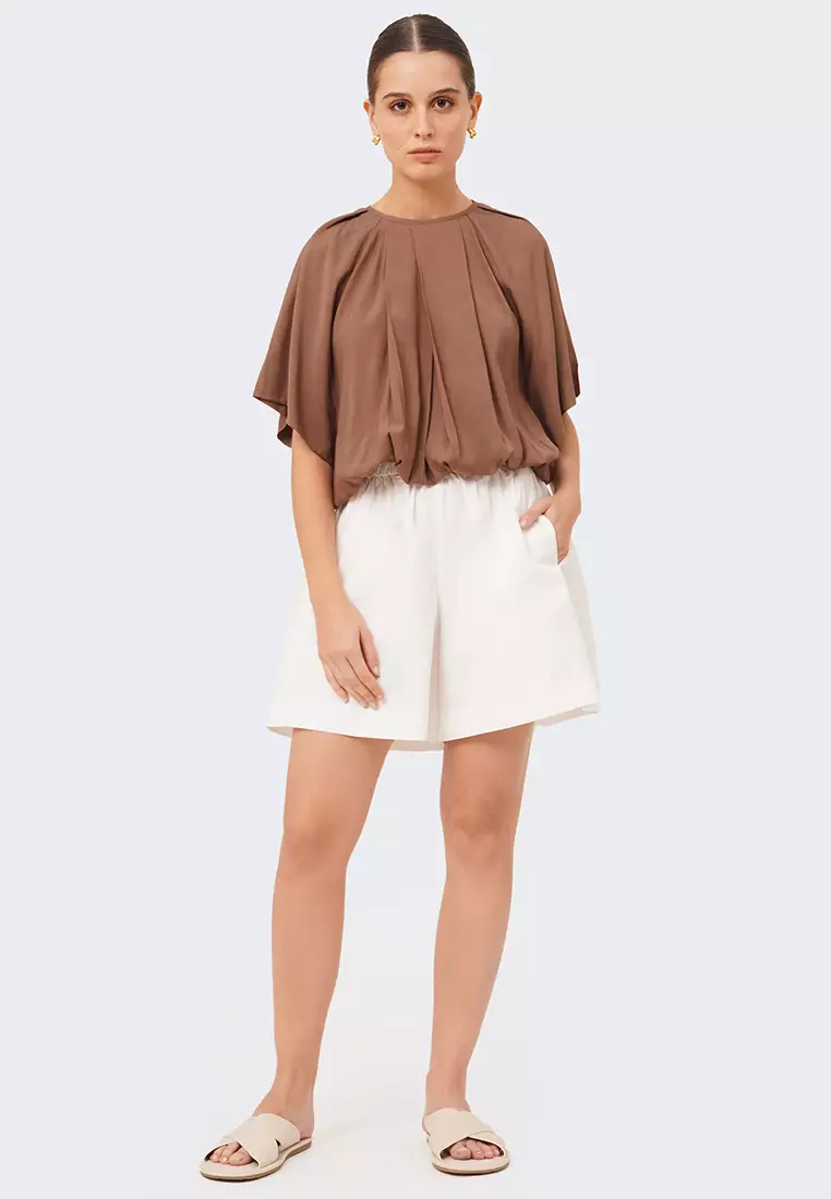 Women's Pleated Cape Sleeve Gartered Hem Blouse