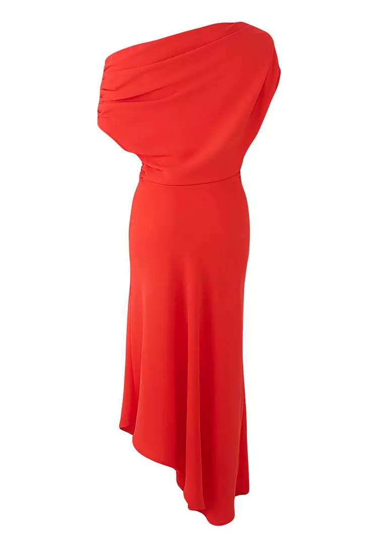 Red A Line Boat Neck Midi Stylish Dress