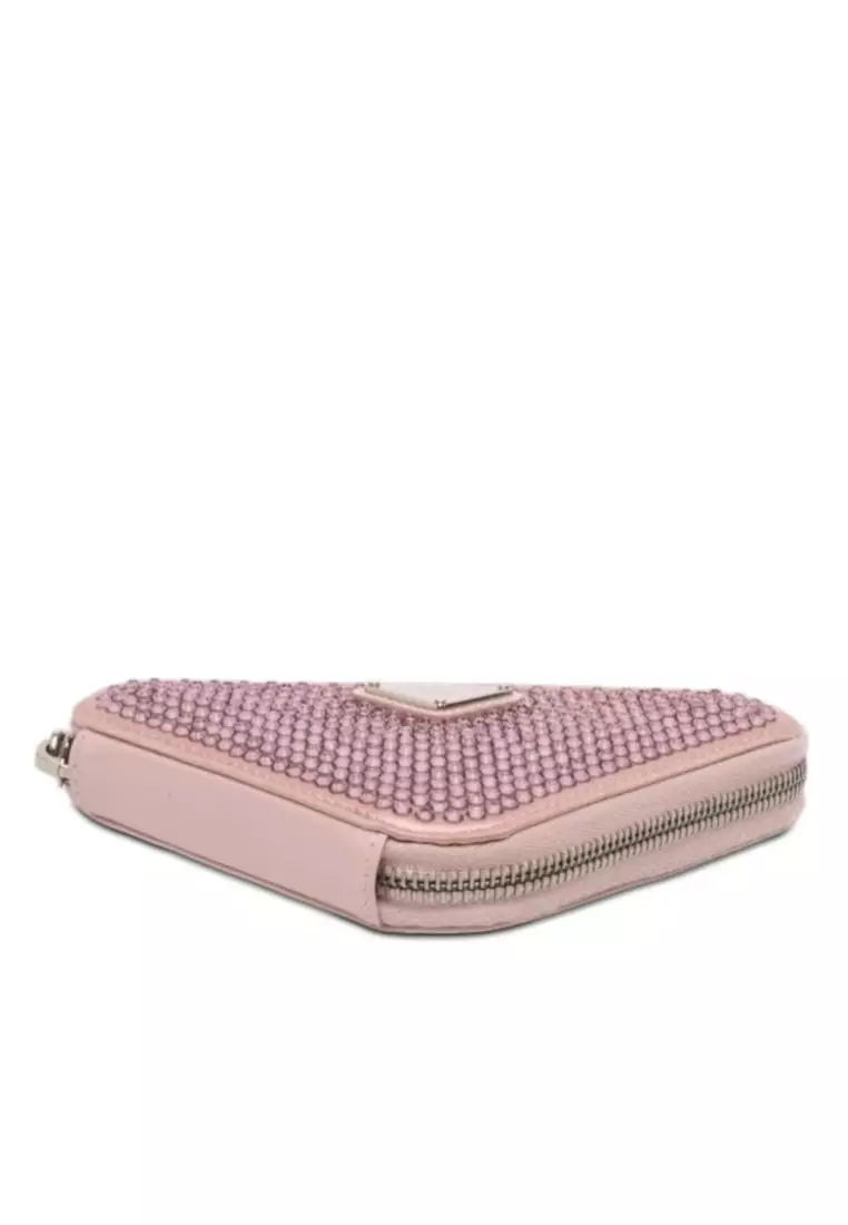 Pre-Loved Prada Mini Crystal Embellished Satin And Leather Triangle Pouch