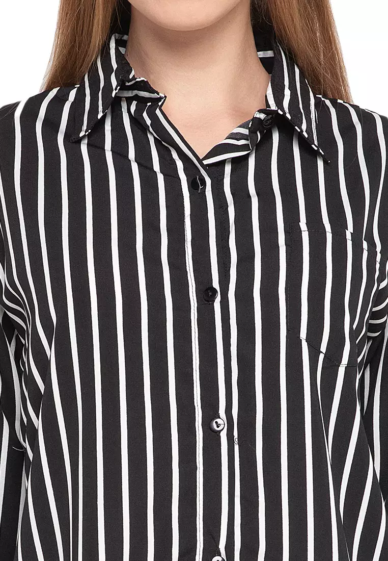 Anne Kemeja Long Sleeve Motif Stripe Atasan Wanita Casual - Hitam