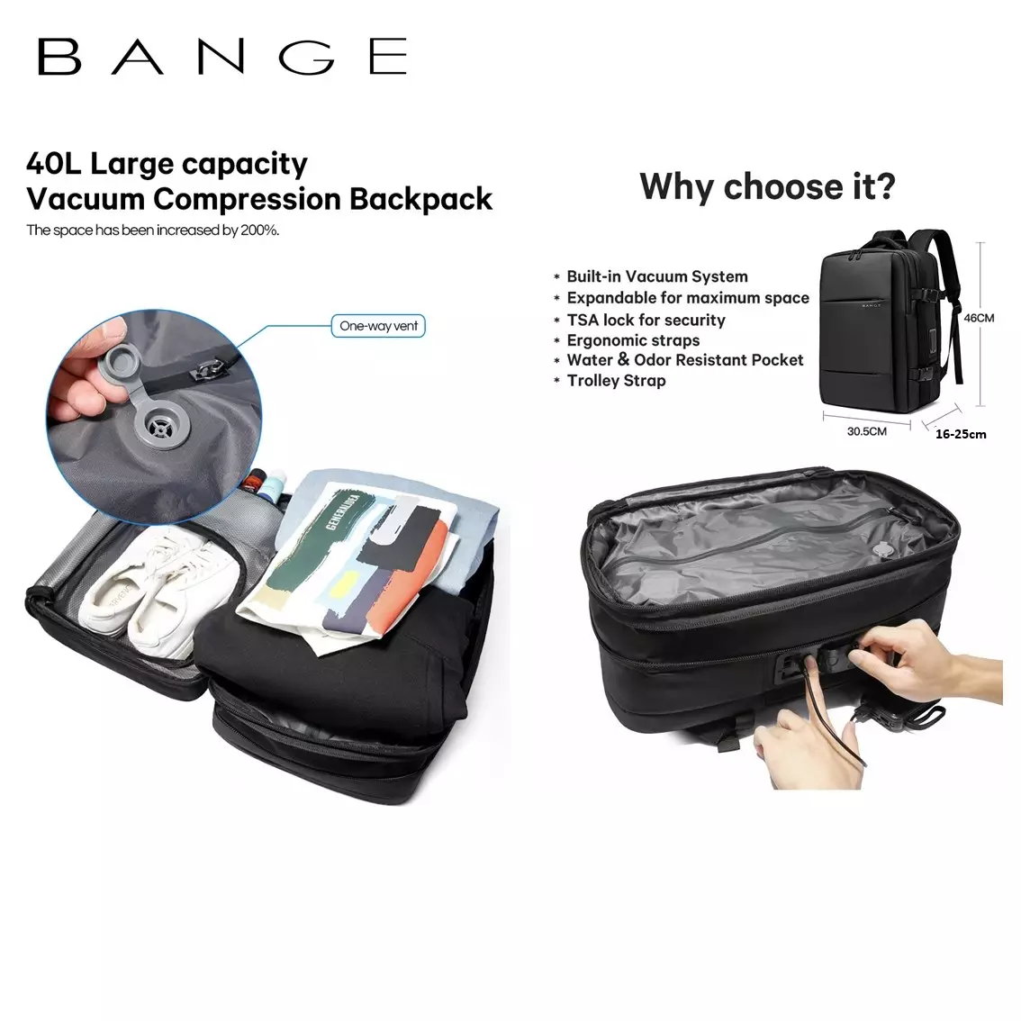 BANGE BG3028-1 Tas Backpack Ransel Laptop Pria Travel USB TSA Lock weight handle vacuum Expandable