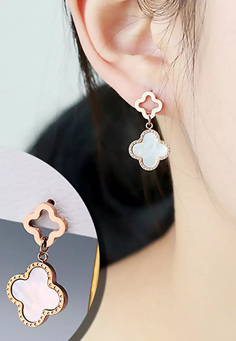 Adele Four Leaf Clover Drop Earrings in White