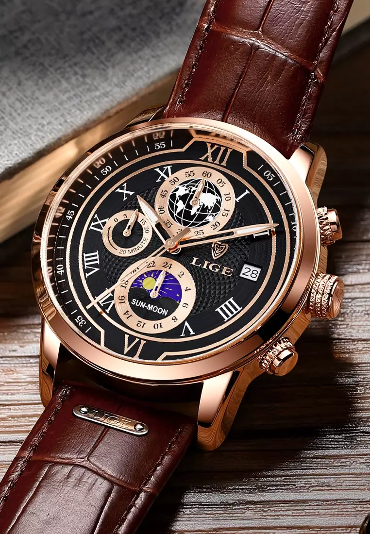 Chronograph Unisex 42mm IP Rose Gold Color Stainless Steel Quartz Watch, Black Dial on Leather Strap