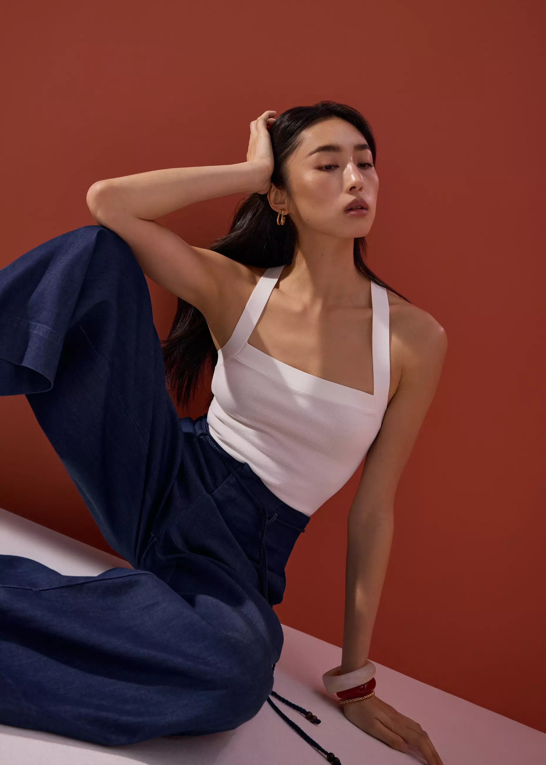 Celana Panjang Wanita - Detachable Sash Chambray Straight Leg Ankle Length Pants