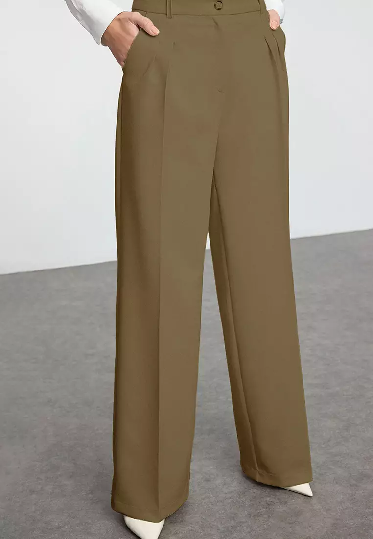 Khaki Pleated Wide Leg Trousers TWOAW25PL00109