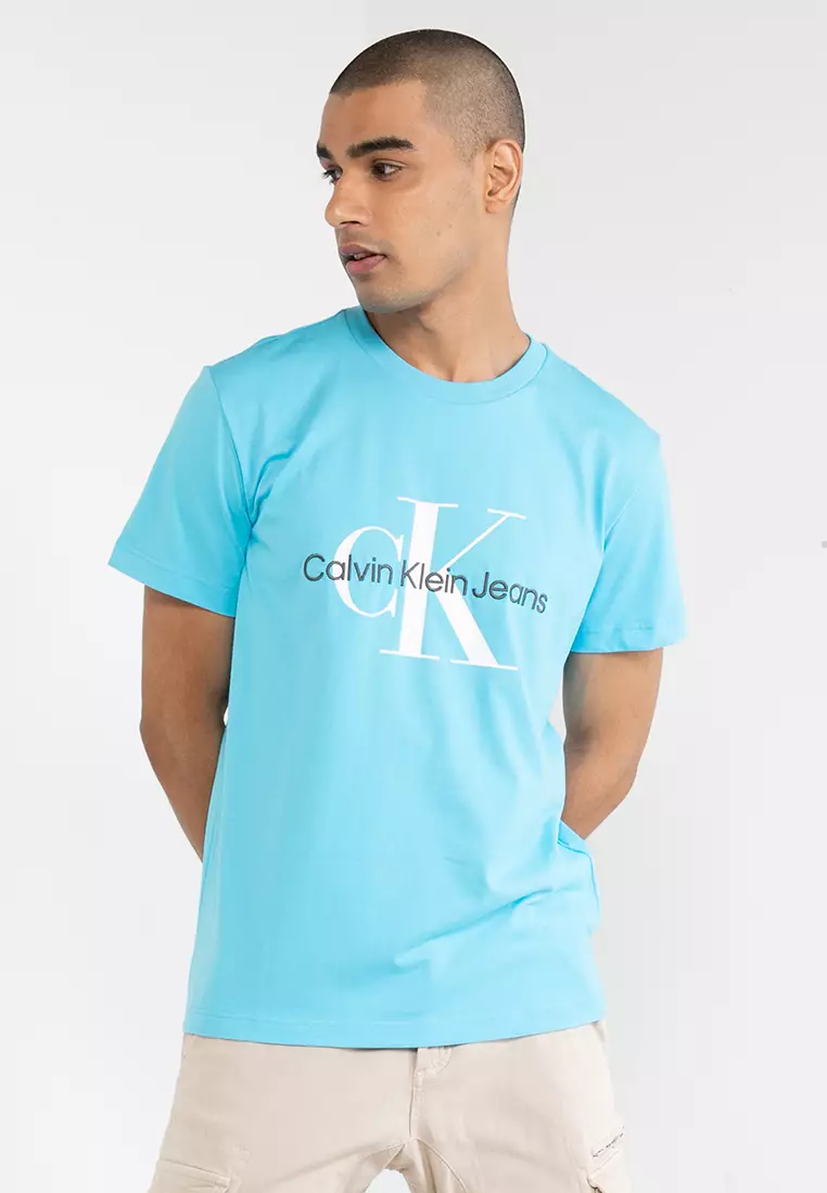 Buy Calvin Klein Men White Flocked Monogram Logo Crew Neck T-Shirt 