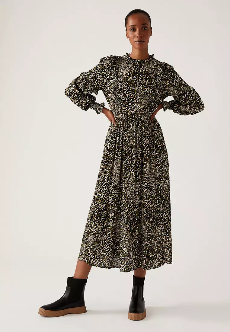 Animal Print Round Neck Midi Waisted Dress