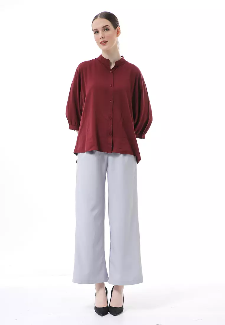 Ghita Kemeja Atasan Wanita Motif Polos Long Sleeve High Quality - Maroon