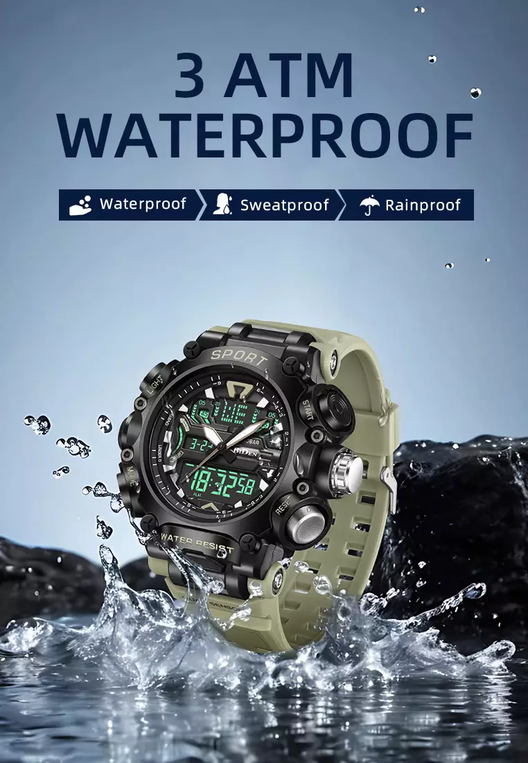 Jam Tangan Pria Digital Anti Air Original Olahraga Multifungsi Bercahaya Alarm Jam Tangan Cowok khaki