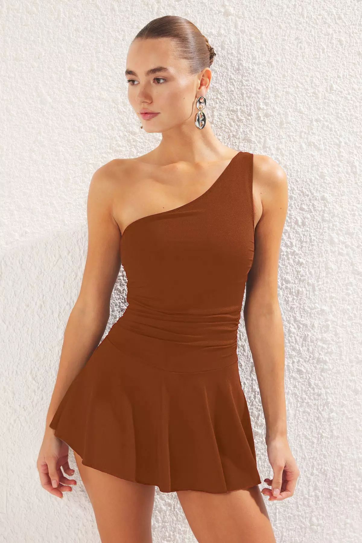 Brown One Shoulder Skirt Shorts Swimsuit