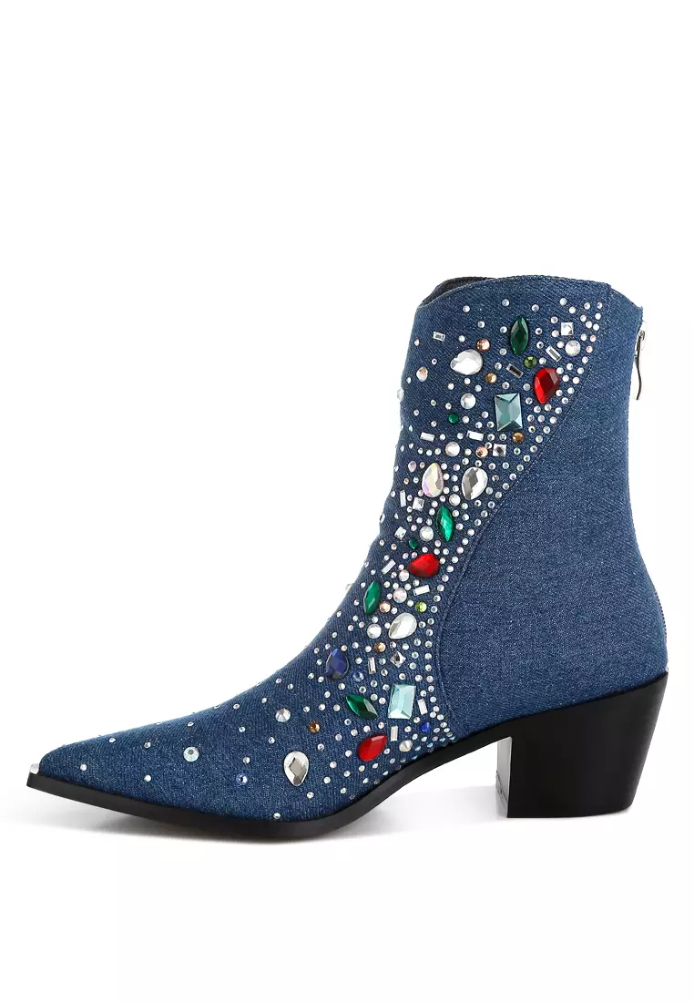 Multi Color Stones Embellished Boots in Dark Blue