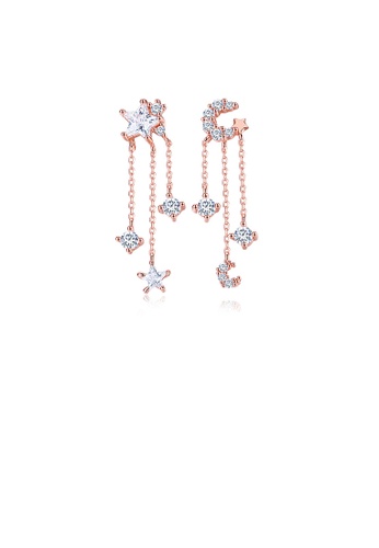 Glamorousky white 925 Sterling Silver Plated Rose Gold Simple Temperament Star Moon Tassel Asymmetric Earrings with Cubic Zirconia 12B0BACF67EE38GS_1