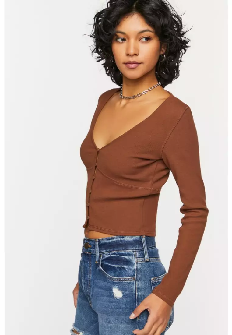 Buy FOREVER 21 V Neck Button Front Crop Top 2024 Online ZALORA