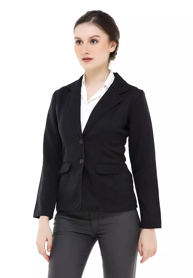 Qemsya Jas Blazer Wanita Korean Style Formal Longsleeve Suit Material Polyester ORIGINAL - Black