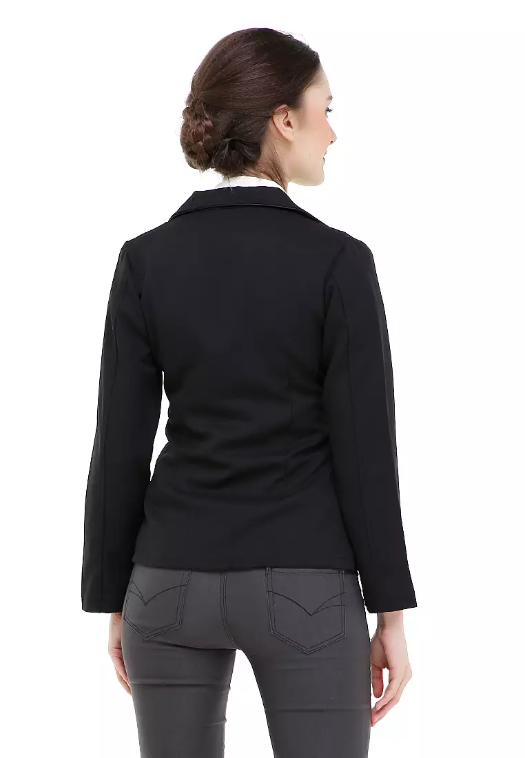 Qemsya Jas Blazer Wanita Korean Style Formal Longsleeve Suit Material Polyester ORIGINAL - Black