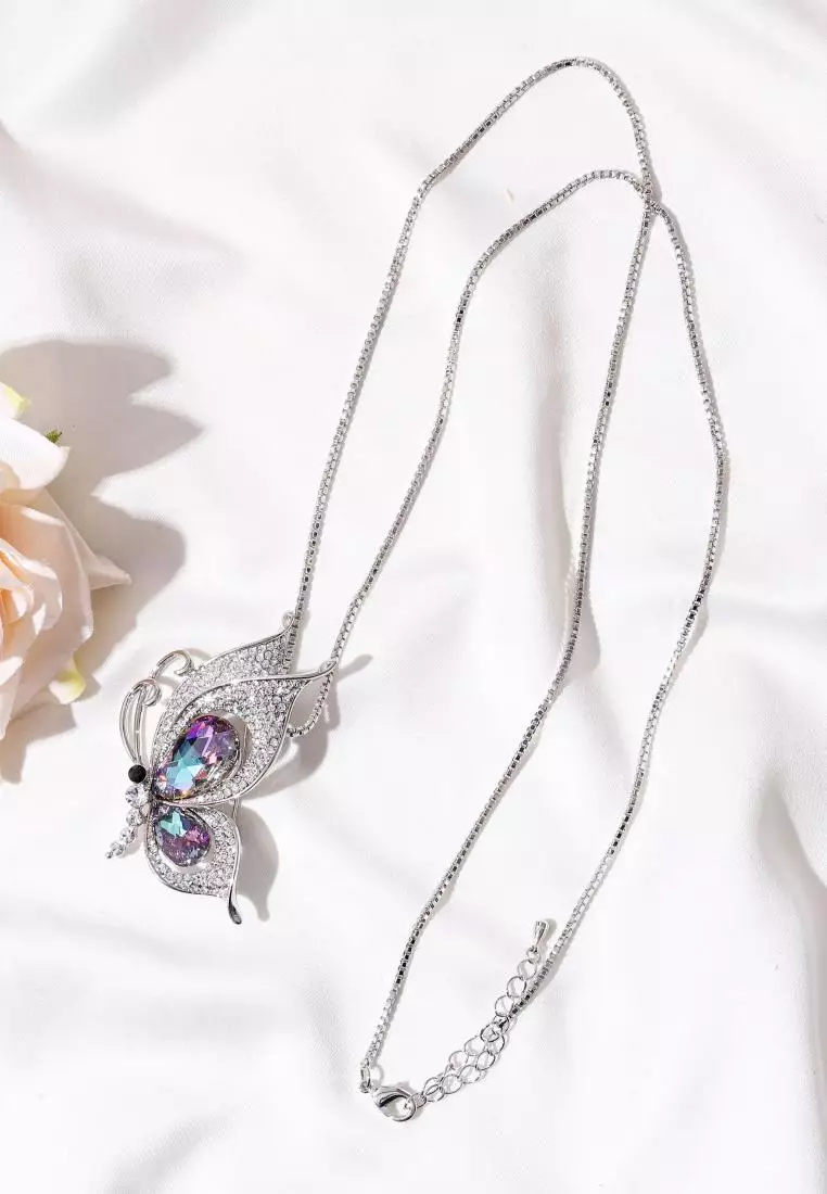 [ RAMADHAN COLLECTION ] 2 Ways Elegant Butterfly Pendant Brooch WG PE - Kalung Bros Crystal by Her Jewellery