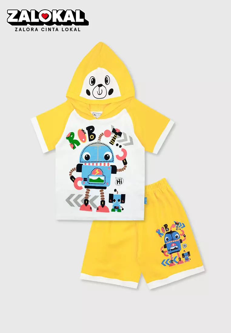 Wakakids Setelan Bayi Laki Laki Usia 6 Bulan Hingga 12 Bulan Baju Hoodie Oblong Lengan Pendek Celana Kaos Motif Robot 3328 Kuning