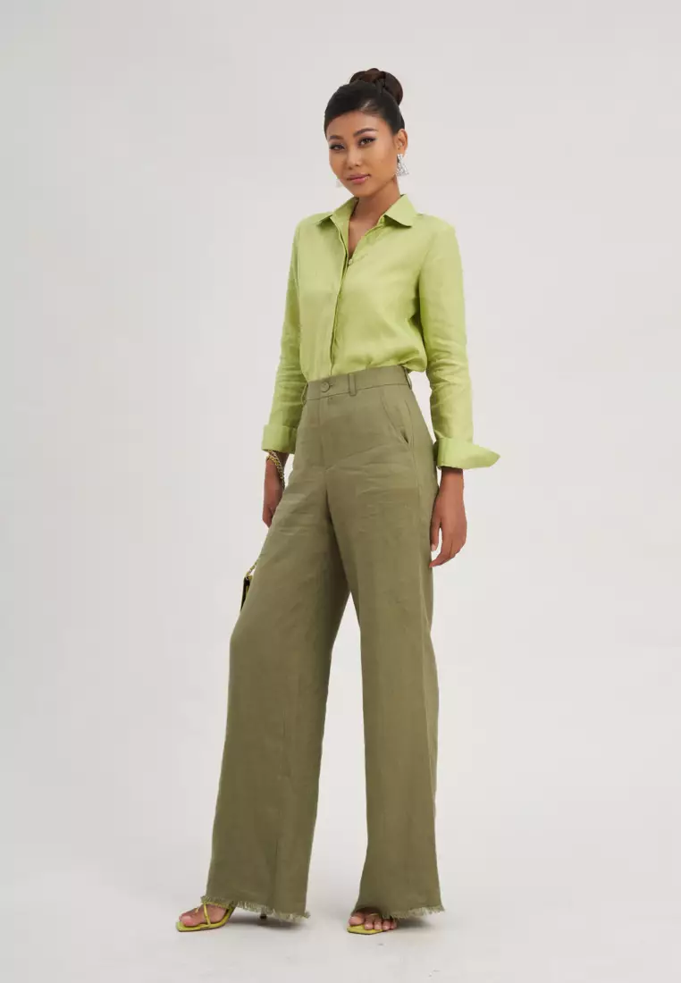 Khaki green linen on sale trousers