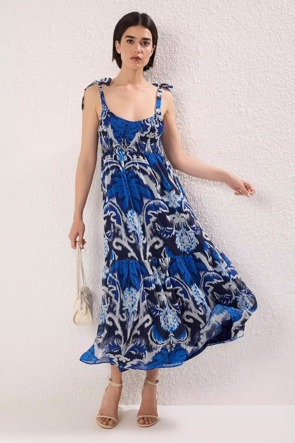 Navy Blue Paisley Pattern Skirt Waist Opening Gipeli Maxi Woven Dress Twoss25El00710