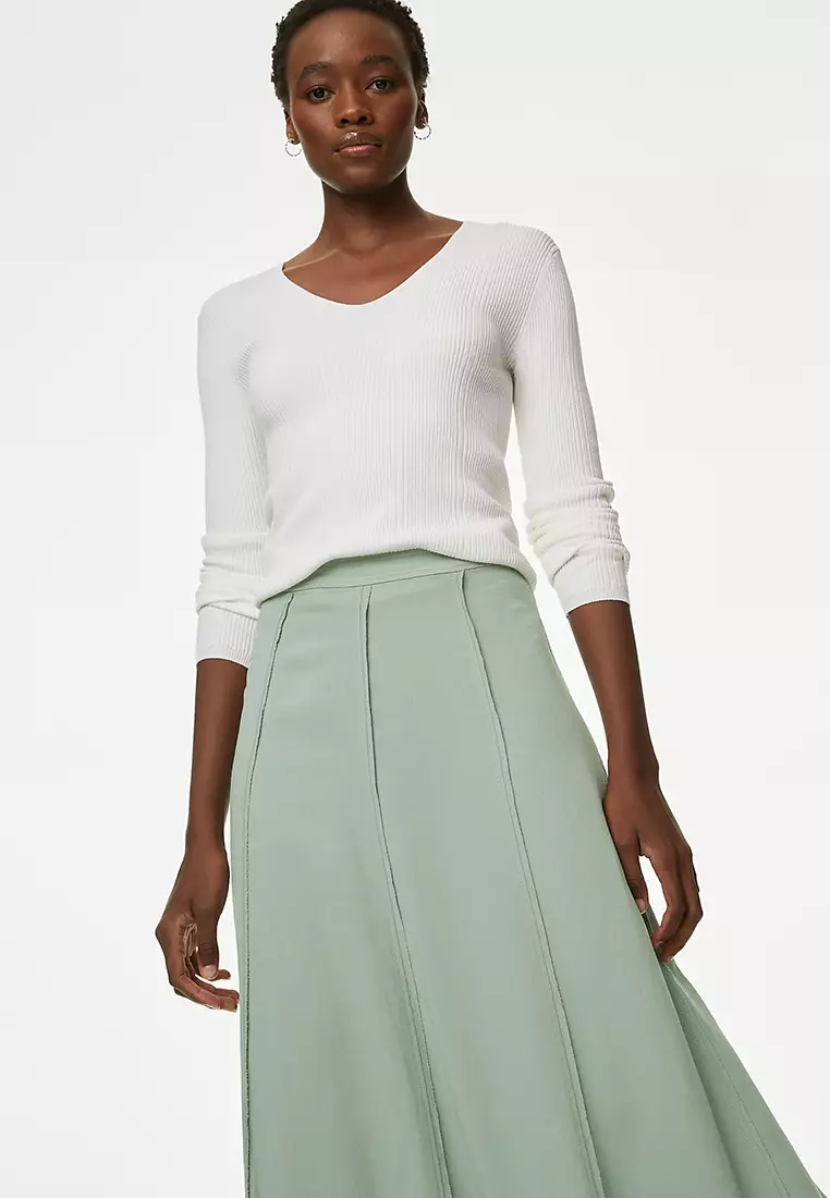 Panelled Midi A-Line Skirt with Linen