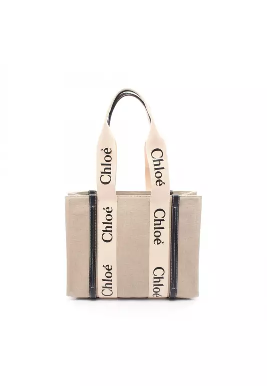 Pre-Loved Chloé WOODY Woody Medium Shoulder bag tote bag canvas leather beige black